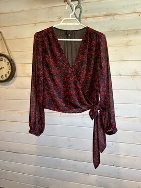 Dynamite | Red, Black & Navy Patterned Wrap Front Blouse